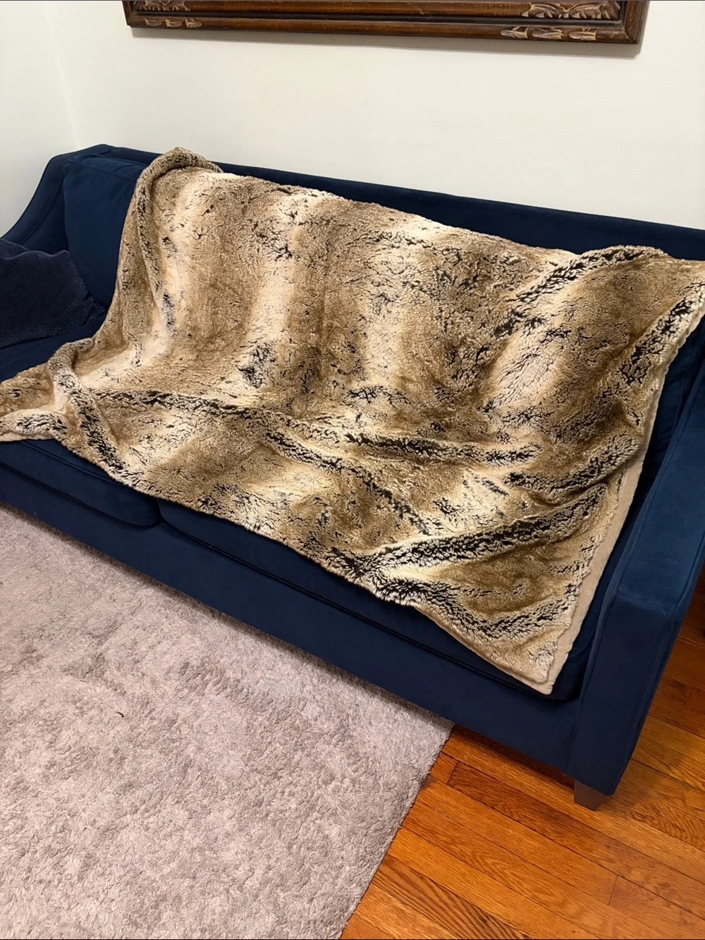 Pottery Barn Faux Fur Throw in Tan with Dark Accents